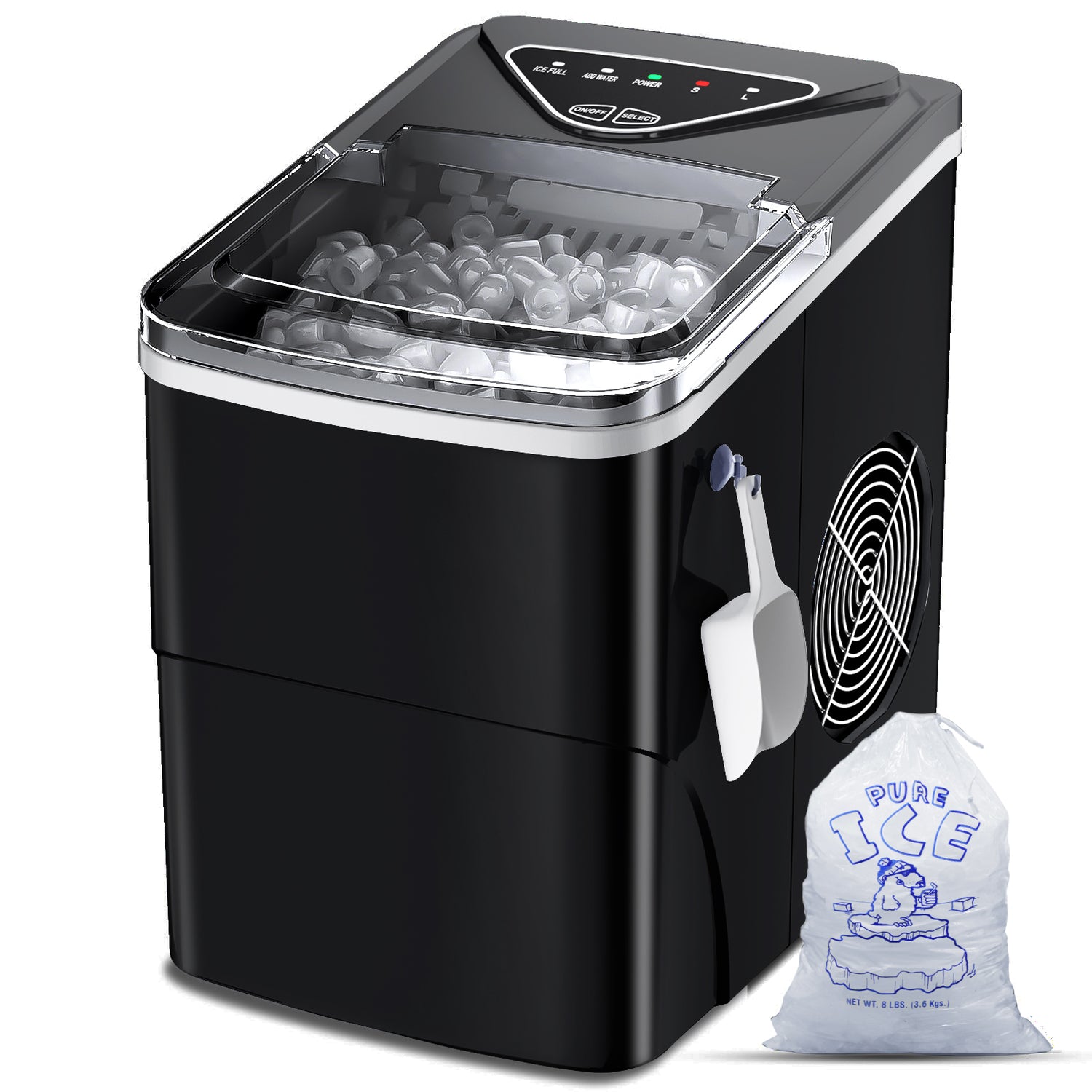 Activate automatic cleaning with a 5-second press of the ON/OFF button. The package includes 5 ice bags, an ice scoop, a removable ice basket, and a handy hook for clean and easy transfer to the fridge.