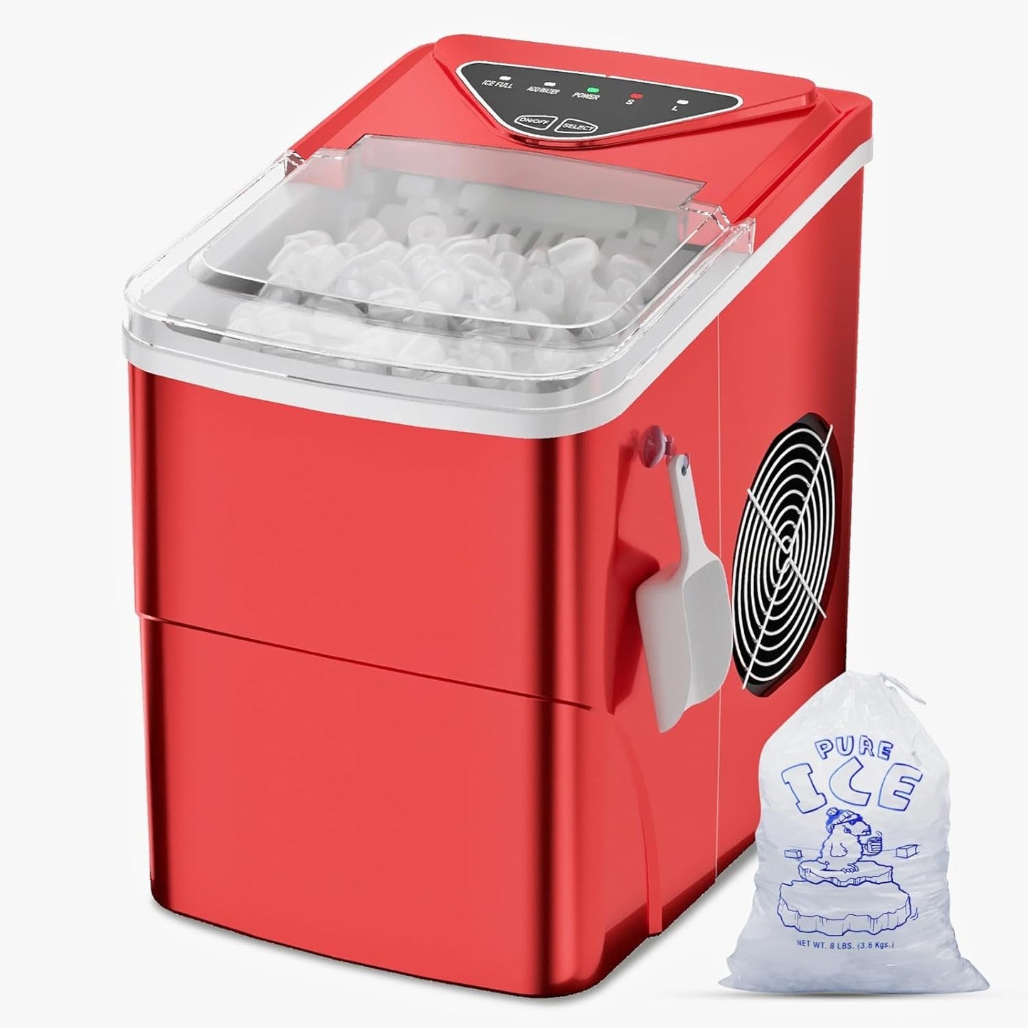 Red Ice Maker with Self-Cleaning